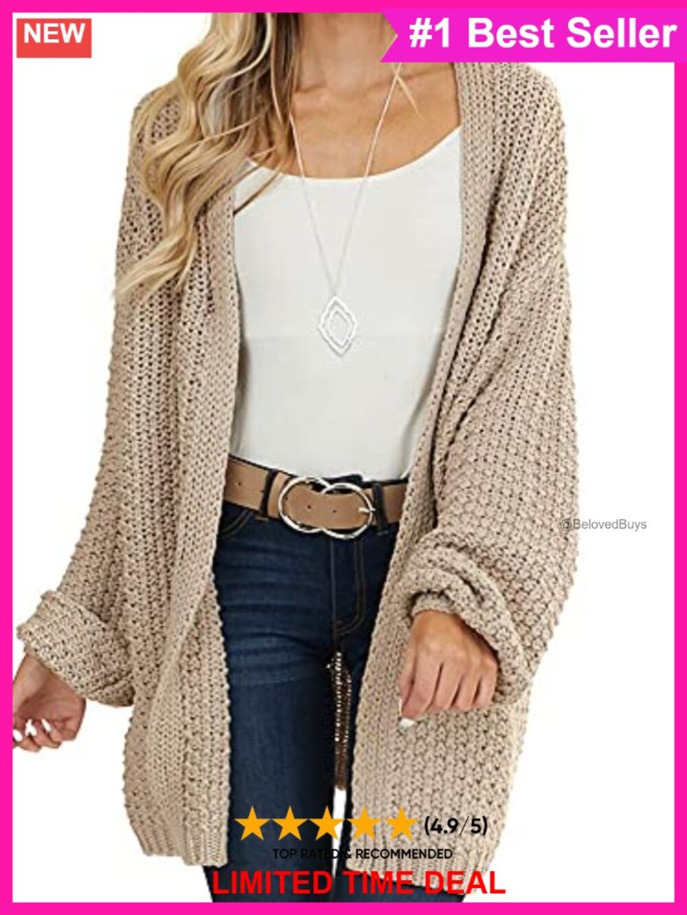 Oversized Open Front Knit Cardigan Batwing Long Sleeve Midi Casual Loose Fit